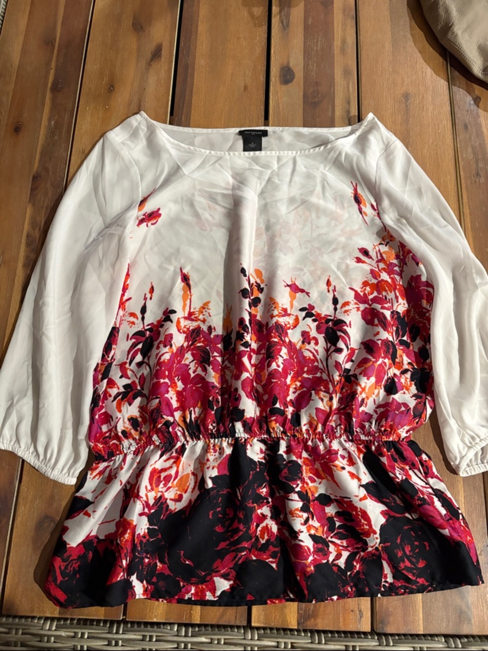 Ann Taylor White Blouse with Pink, Red & Black Floral Border